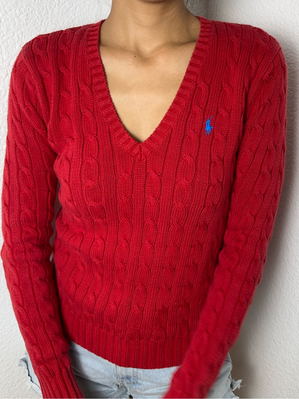 Women’s Ralph Lauren Sport Red Cotton Knit Kimberly Vneck Sweater Size Small